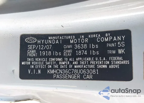 2008 Hyundai Accent из США, поврежденный, VIN KMHCN36P38U063081